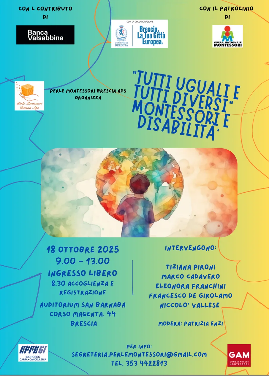 Locandina di «Convegno 2025 · Tutti uguali e tutti diversi – Montessori e Disabilità»