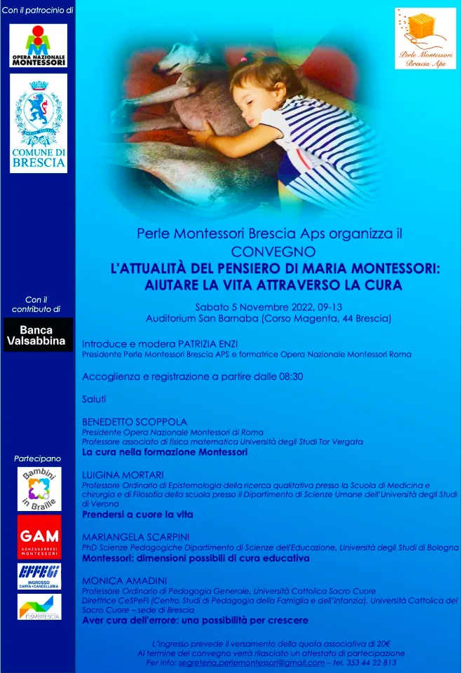 Locandina di «Convegno 2022 · L’attualità del pensiero di Maria Montessori: aiutare la vita attraverso la cura»